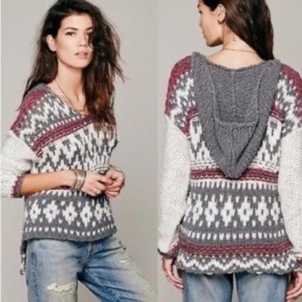 Free People V-Neck Sweater in Red, Gray, and White